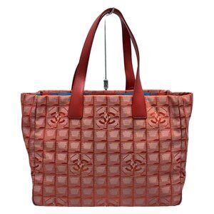CHANEL New Travel Line Tote MM - Red Nylon Jacquard Leather Tote Bag 454-081525